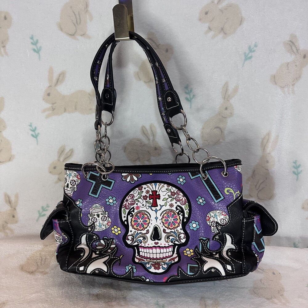 Cowgirl Trendy Womens Sugar Skull Day Of The Dead Purse Handbag Shoulder Purple